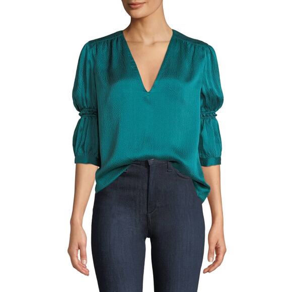 Rebecca Taylor Tops - Rebecca Taylor Teal Blue Satin Silk V-Neck Cinched-Sleeve Top Size 2